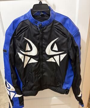 Frank Thomas Black & Blue Leather Motorcycle Jacket. Size XXL. Size 48